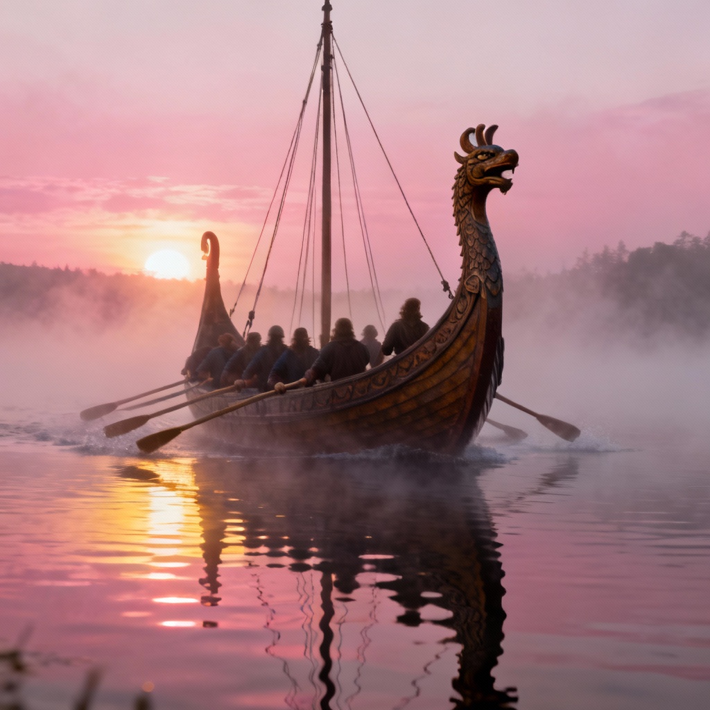 AI Viking longship sailing at sunrise