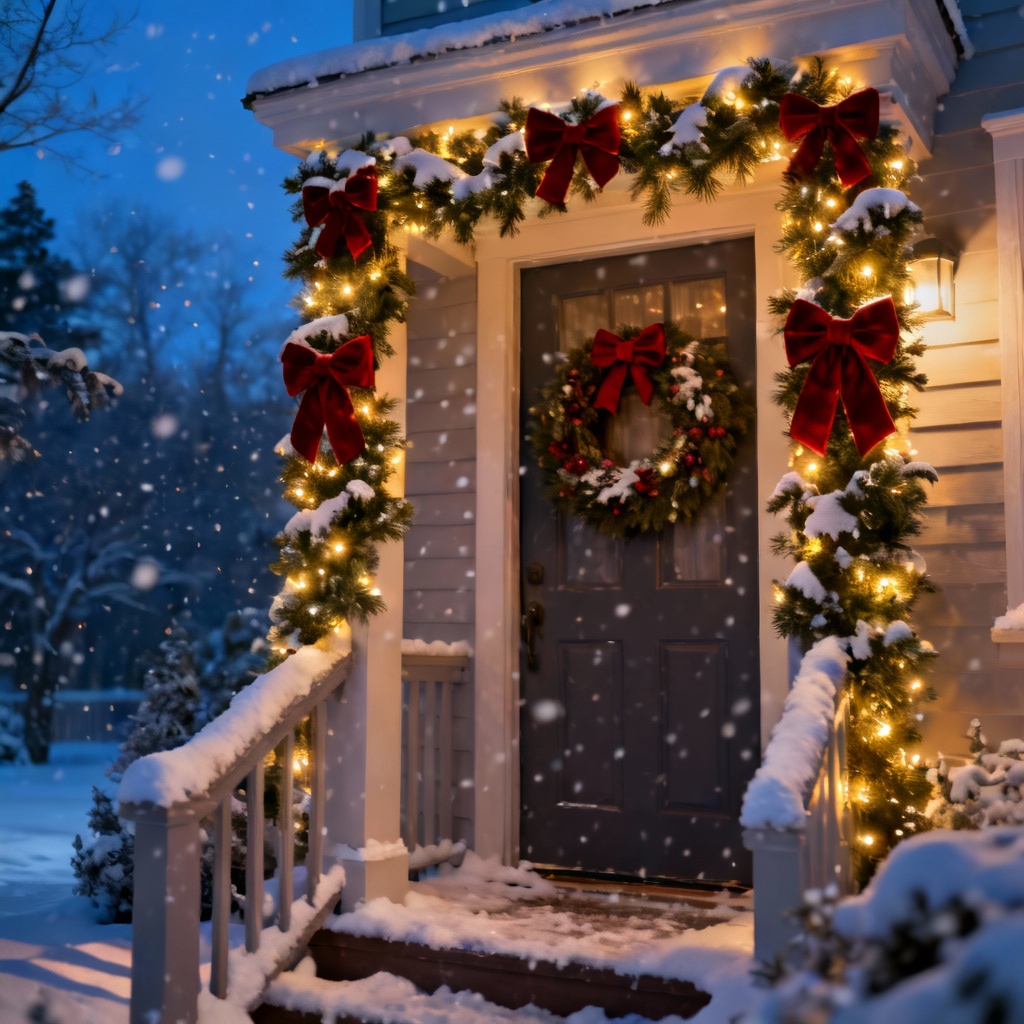 Snow-dusted outdoor doorway garland with lights and red bows