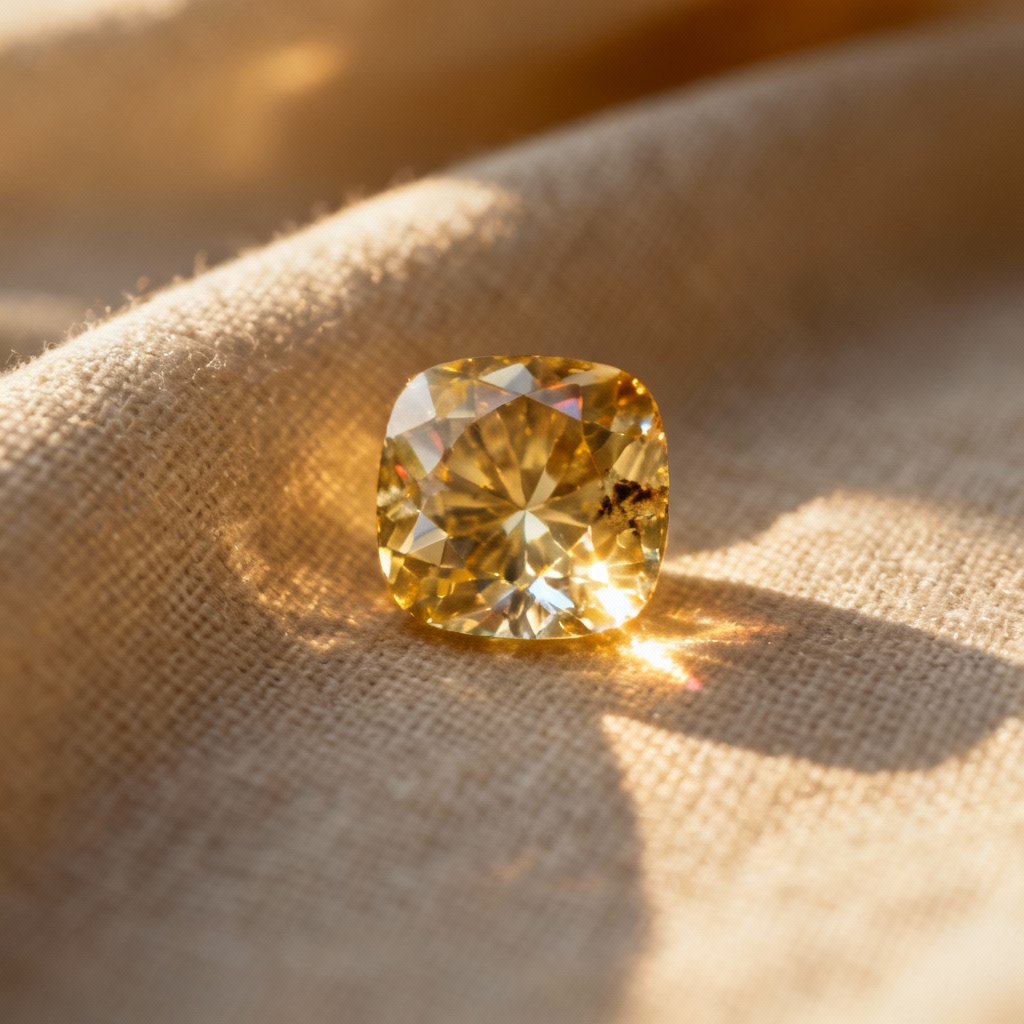 AI cushion cut champagne diamond lifestyle macro