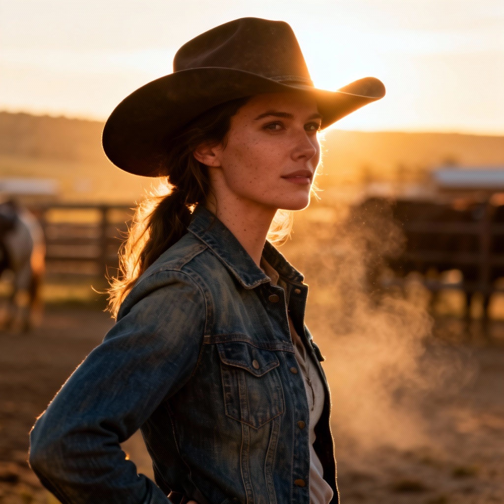 AI cowgirl portrait at sunset ranch