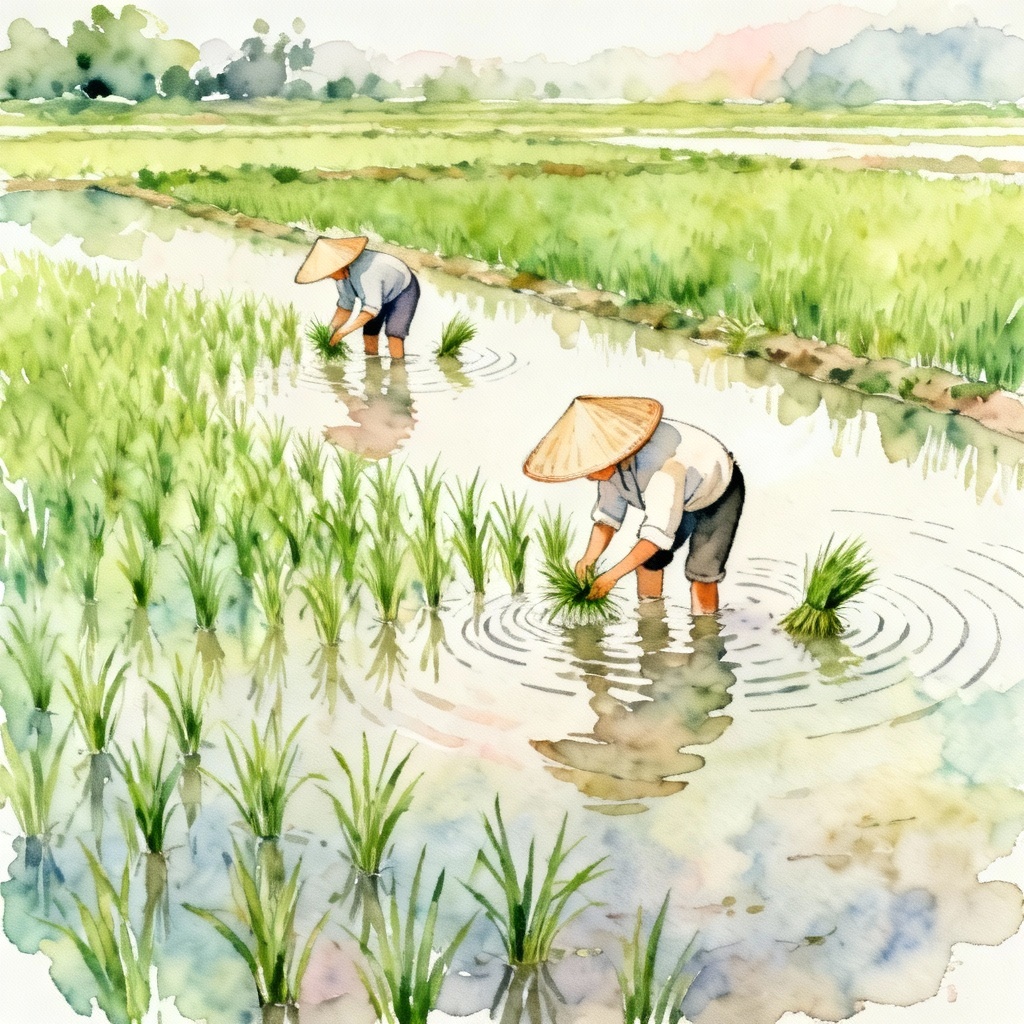 AI watercolor illustration of farmers in rice paddies
