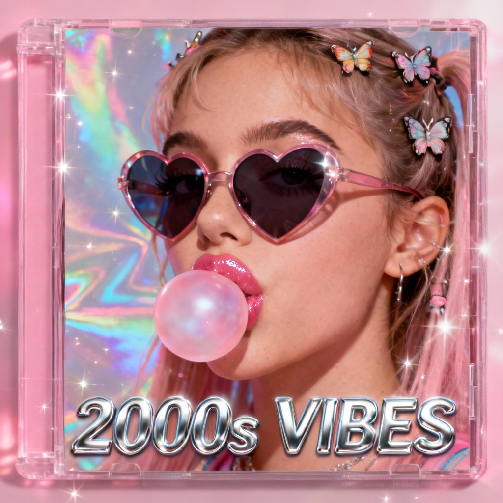 AI Y2K bubblegum pop CD cover with chrome text