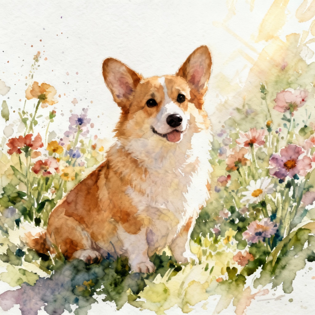 AI watercolor corgi in garden