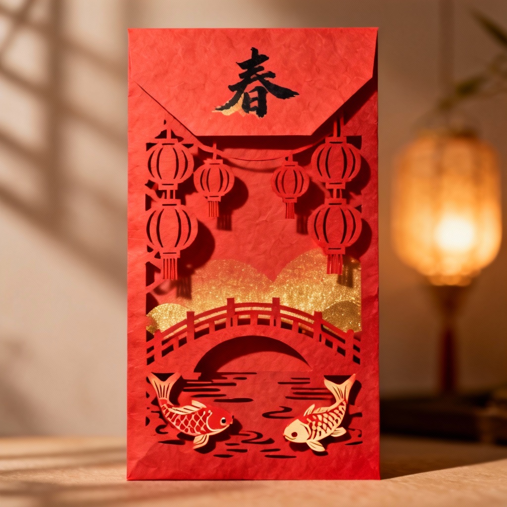 Paper-cut lantern scene hongbao with layered shadows