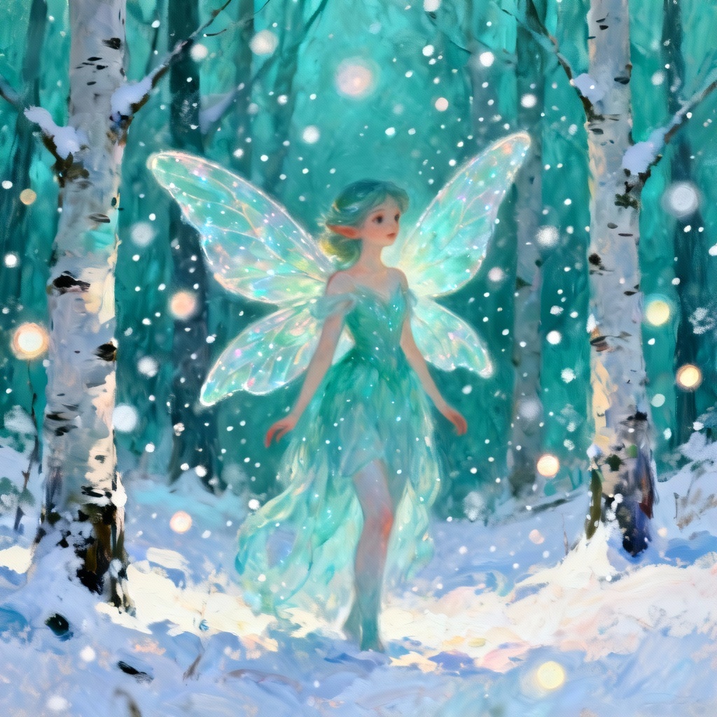AI frozen-style woodland sprite in a snowy forest