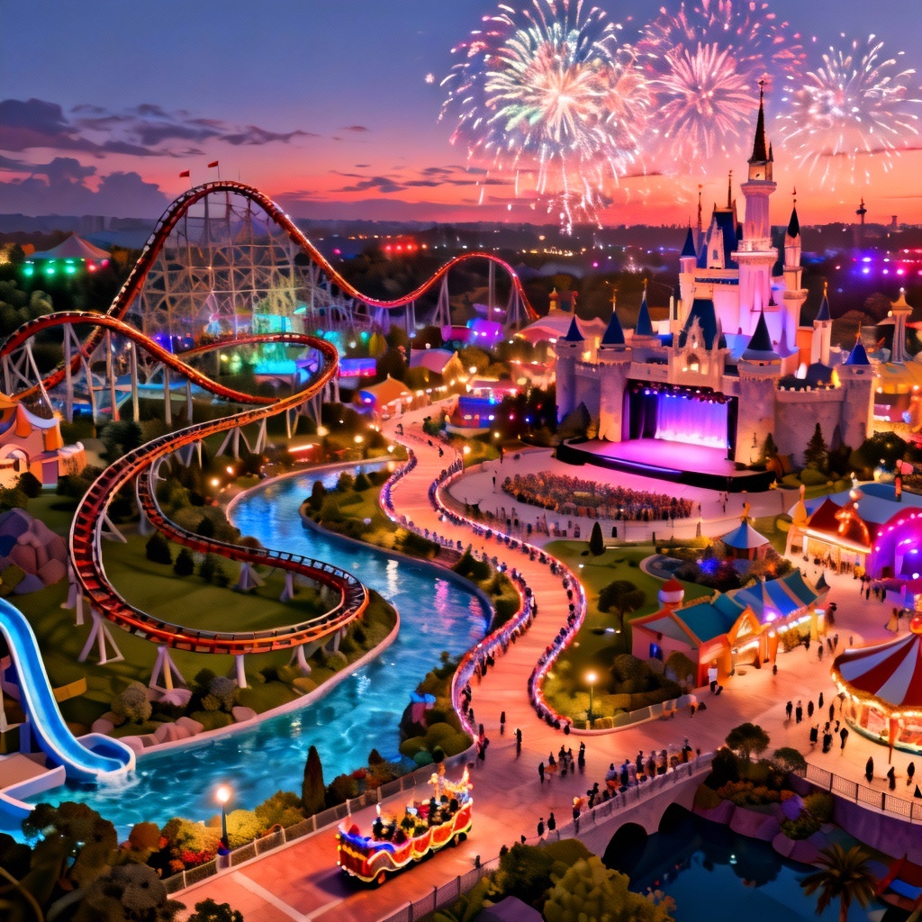 Isometric AI theme park masterplan with lands, rides, and parade route