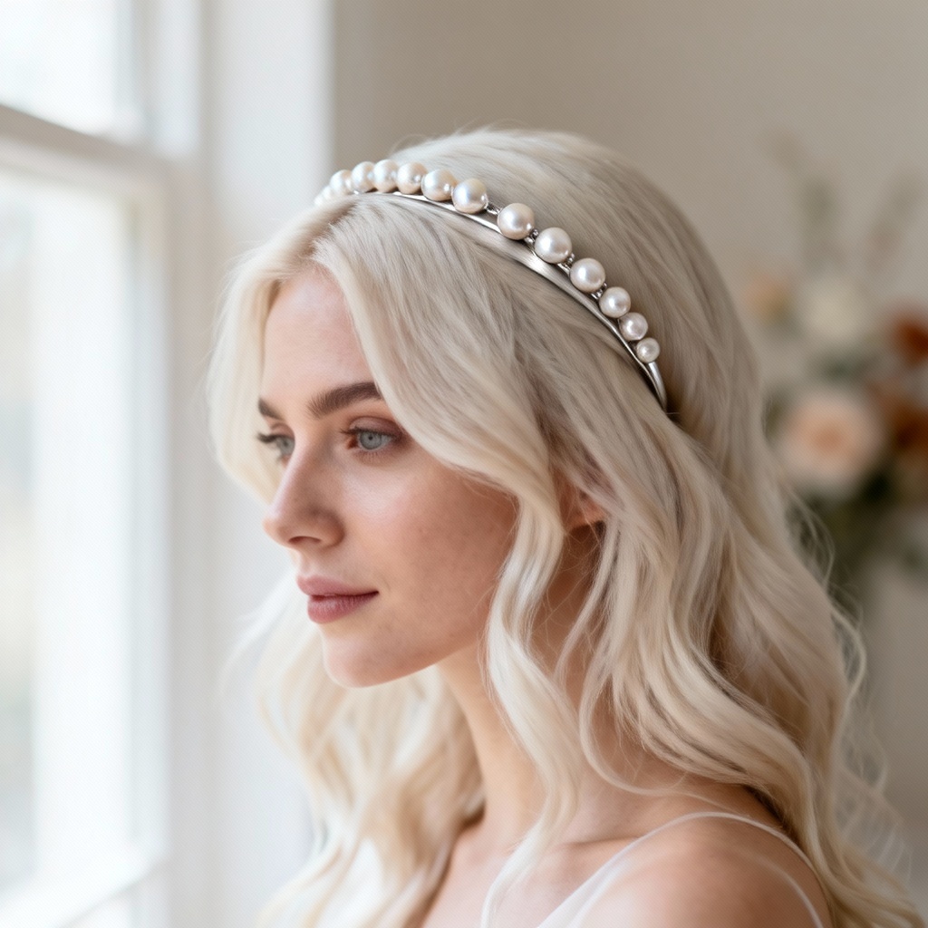AI minimalist pearl bridal headband in brushed silver
