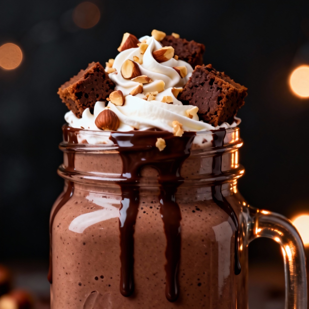 Photorealistic chocolate milkshake with brownie topping and chocolate drizzle