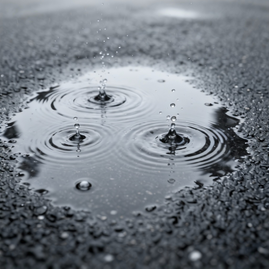 Top-down puddle ripples on asphalt in rain