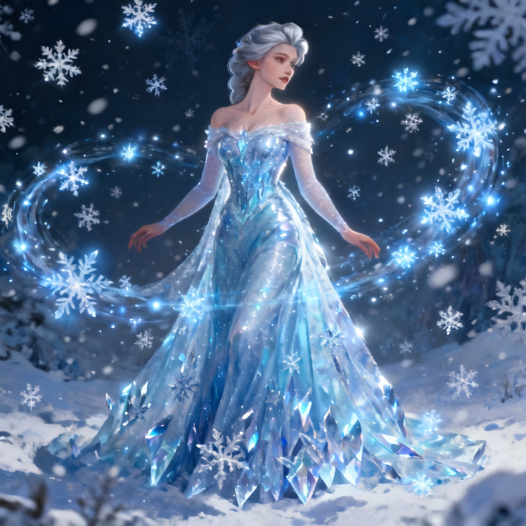AI Frozen-style ice queen portrait with snowflakes