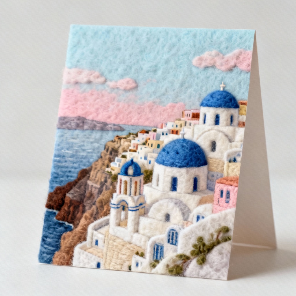 AI felted Santorini blue domes in wool style