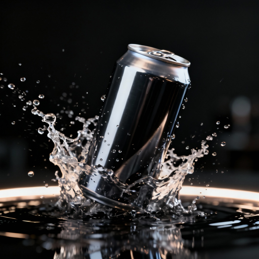 AI CGI ad of a beverage can bursting through water splash