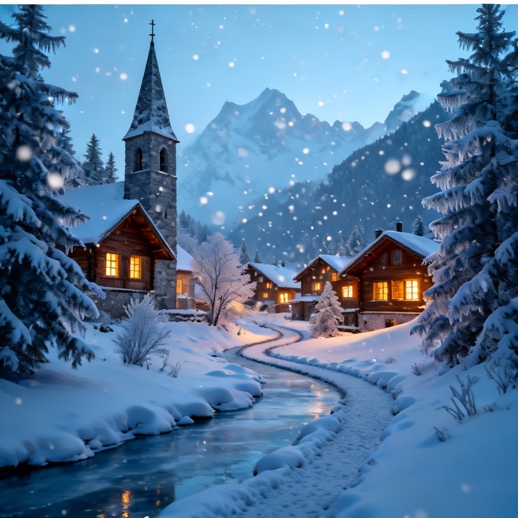AI snowy village at blue hour with warm cabin lights and snowfall