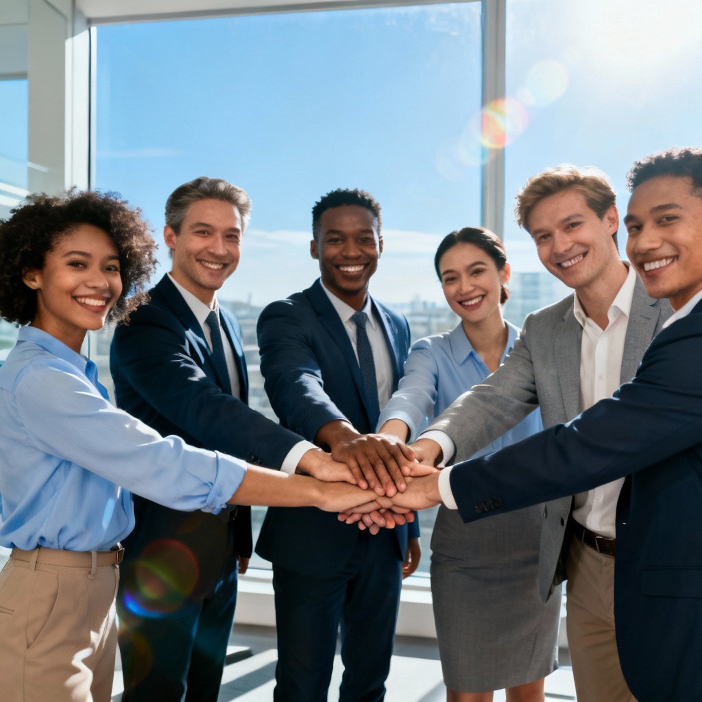 AI visual of a team stacking hands in unity