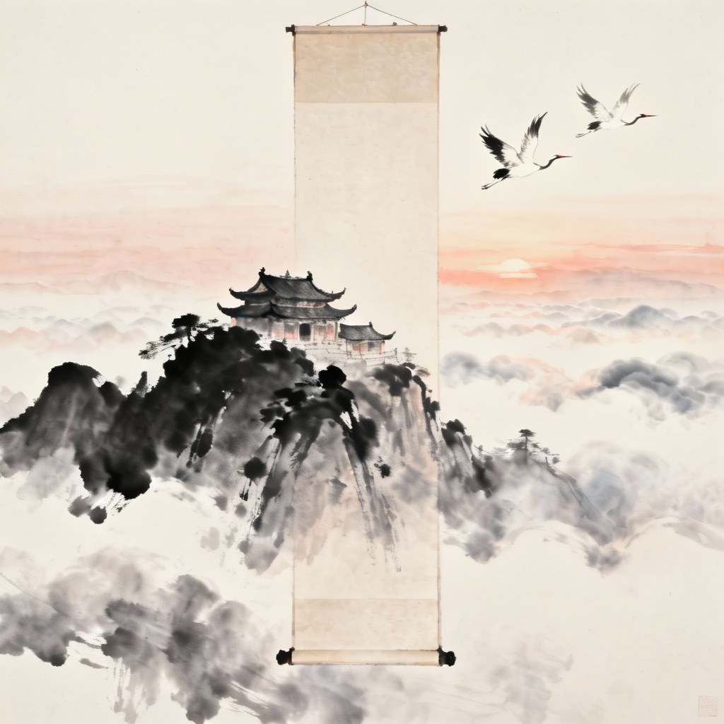 AI temple over cloud sea shanshui painting