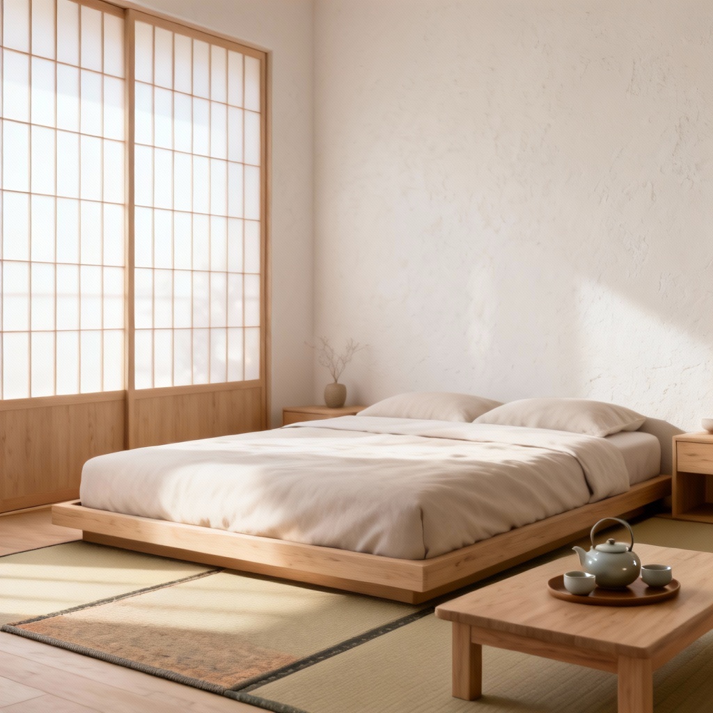 AI Japandi zen bedroom with low bed and natural textures