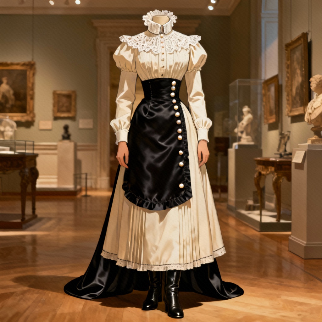 AI Victorian maid dress with lace jabot and satin apron