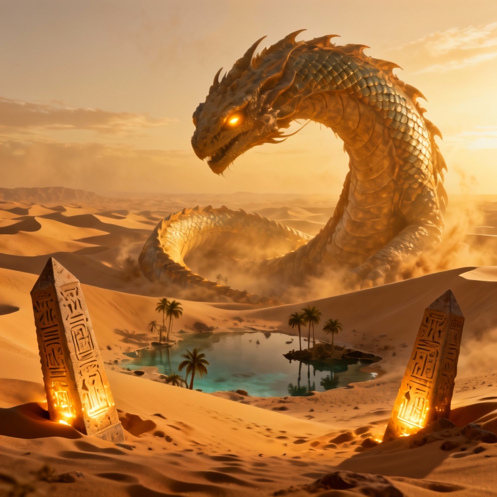 AI enchanted desert ruins with oasis and leviathan