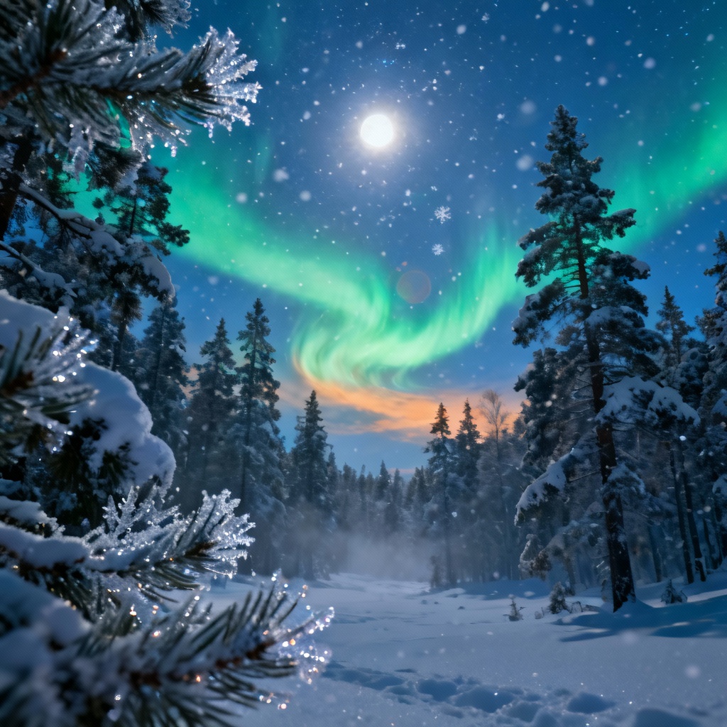 AI winter wonderland background with snowy pines and aurora