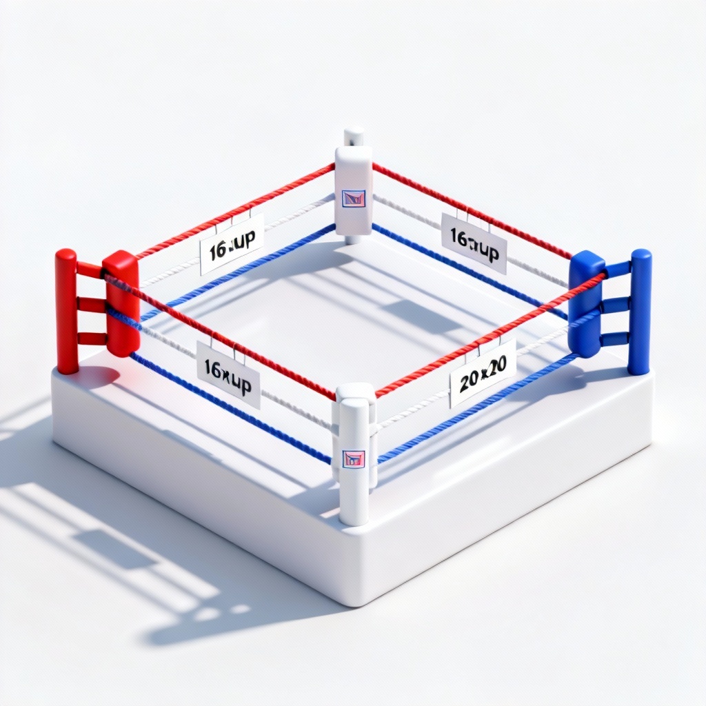 Isometric 3D boxing ring mockup with measurement labels