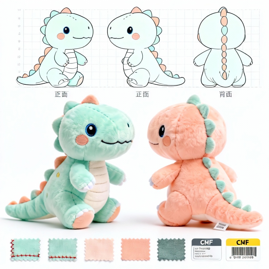 AI plush dinosaur toy colorway and orthographic concept sheet