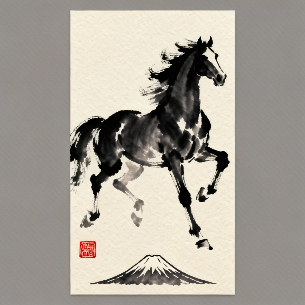 AI nengajo with bold sumi-ink horse calligraphy