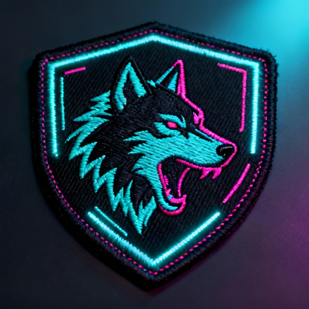 AI esports shield patch with neon embroidery