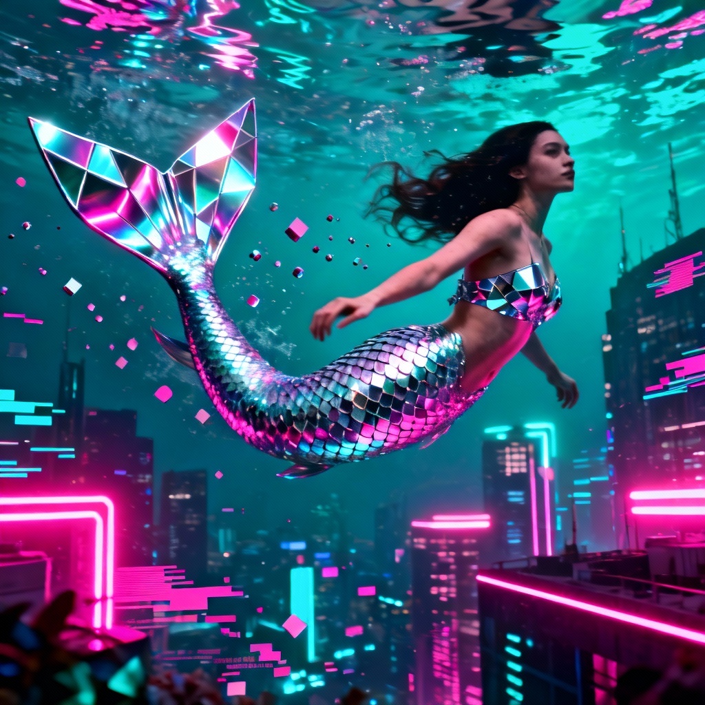 AI Cyber Neon Mermaid With Holographic Tail
