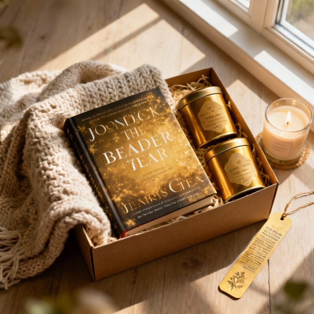 Cozy reader gift box with books, tea, and blanket