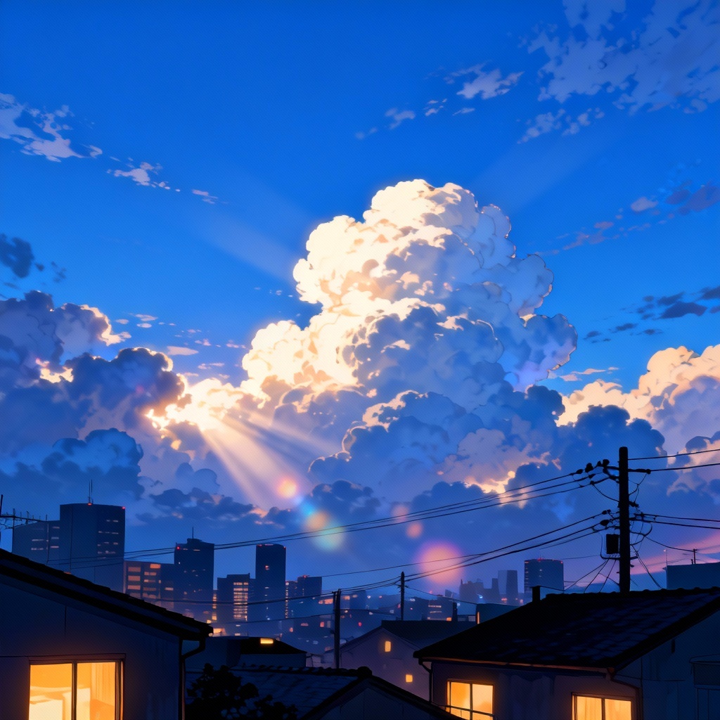 Cinematic anime skyline at blue hour with glowing clouds and city lights