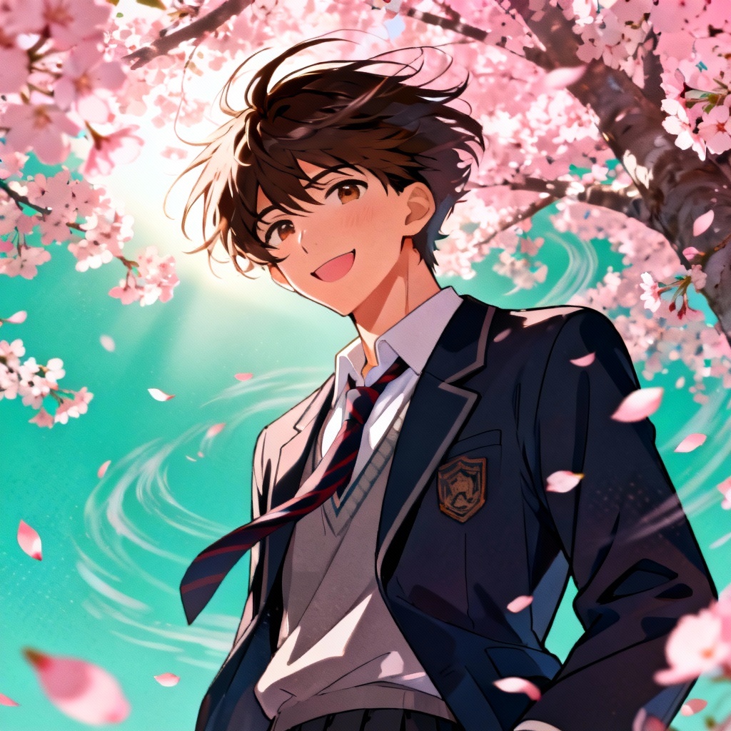 Anime boy portrait under cherry trees