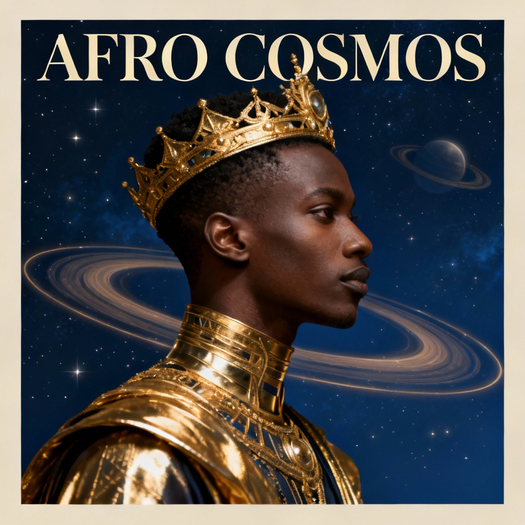 Afrofuturist album cover with regal portrait and cosmic motifs