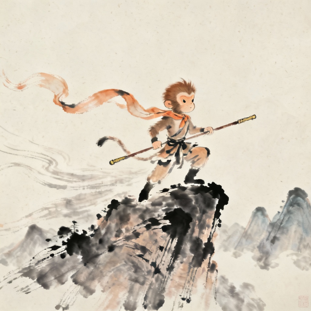 AI ink wash Little Wukong in sumi-e brush style