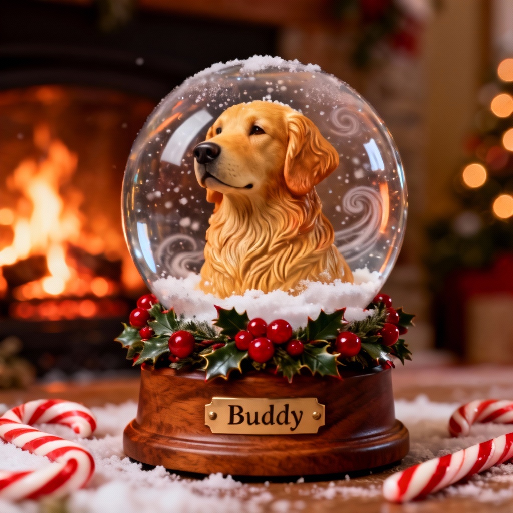 Cute dog portrait encased in a festive holiday snow globe