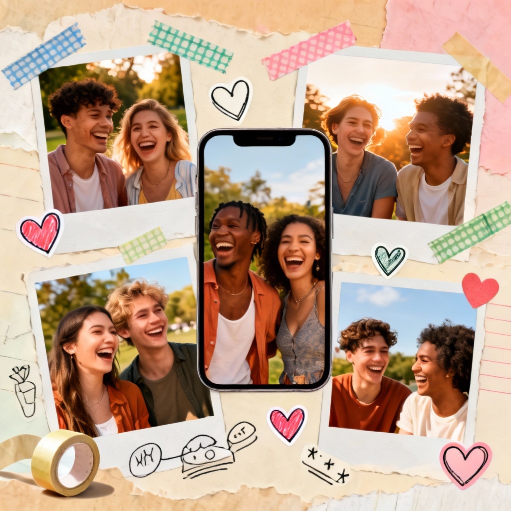 AI friendship collage of diverse friends laughing outdoors