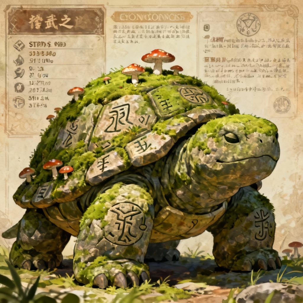 AI Grass Rock Fakemon turtle guardian with moss and runes