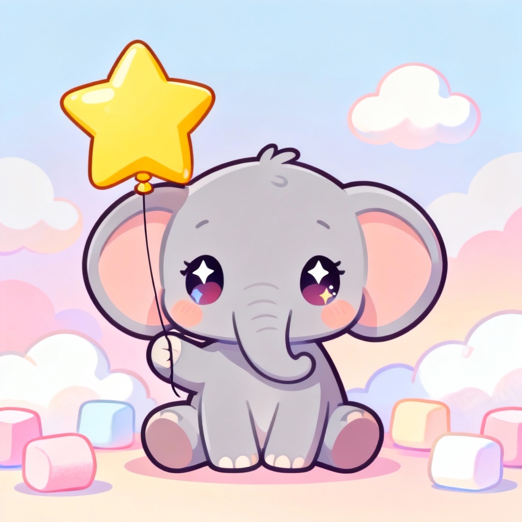 Cute chibi baby elephant holding a star balloon