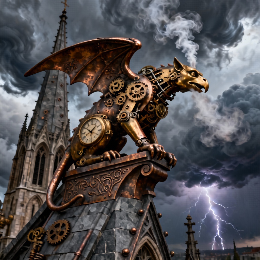 AI Gothic clockwork gargoyle on cathedral
