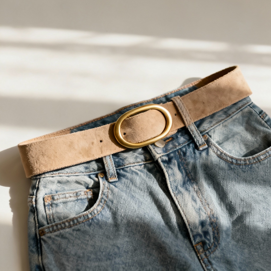 AI women’s sand suede belt with matte gold oval buckle