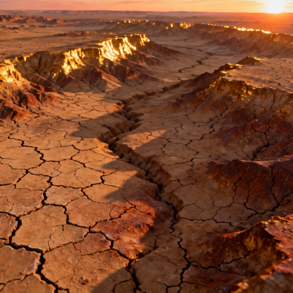 Photorealistic aerial cracked ground texture with warm sunset light