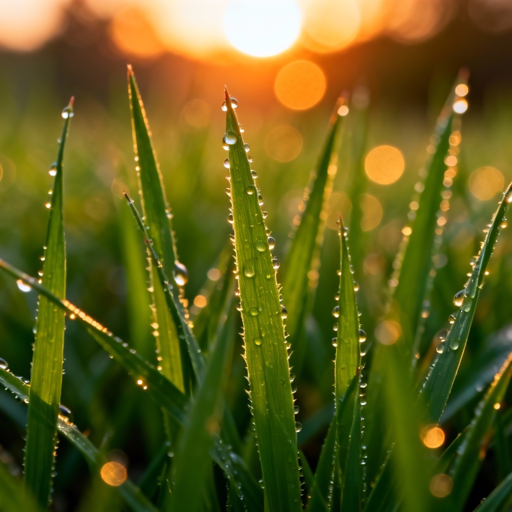 Macro shot of dew on grass blades at sunrise