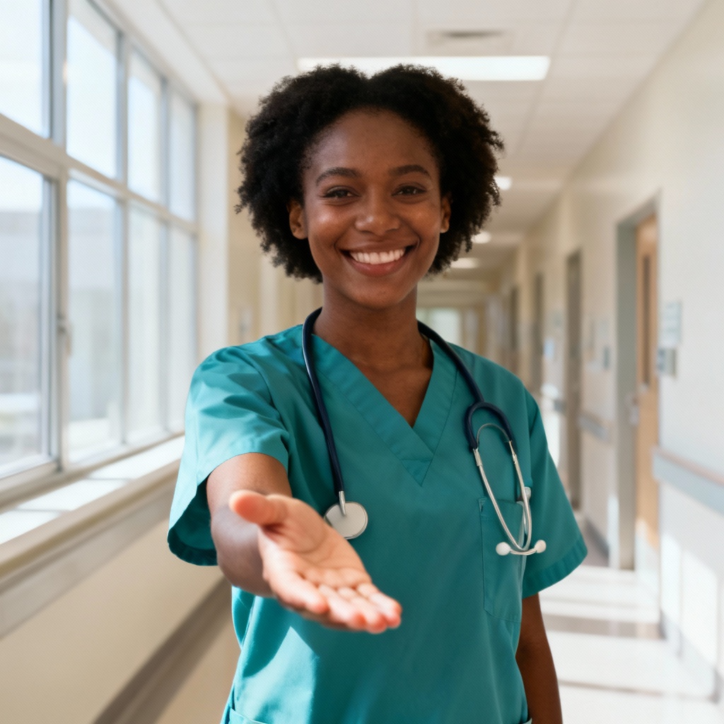 Nurse offering a warm welcoming gesture in a hospital corridor