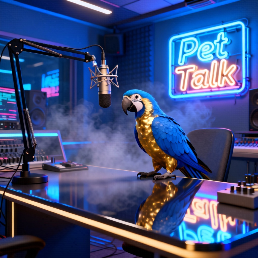 AI parrot podcast host with neon sign