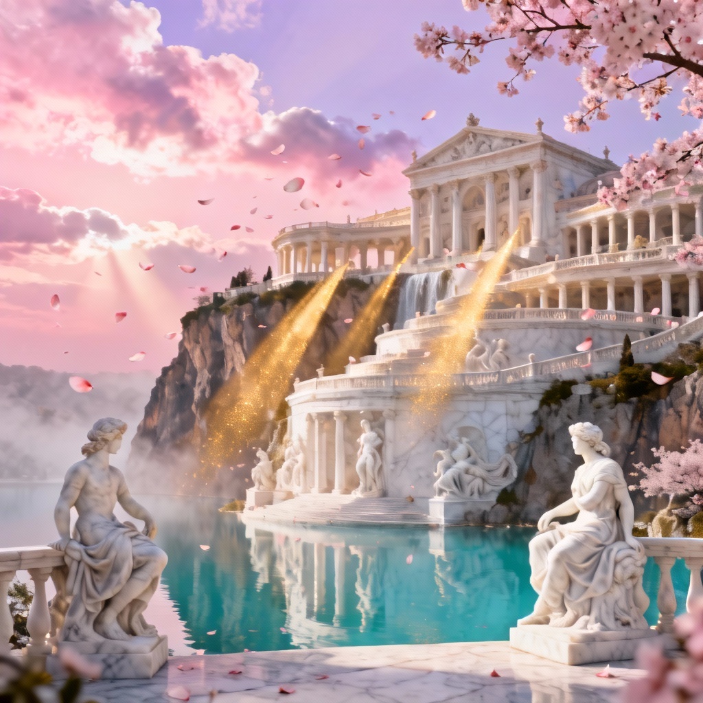 AI palace sunrise with celestial marble architecture