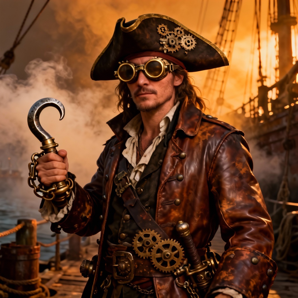 AI steampunk pirate captain costume with brass details