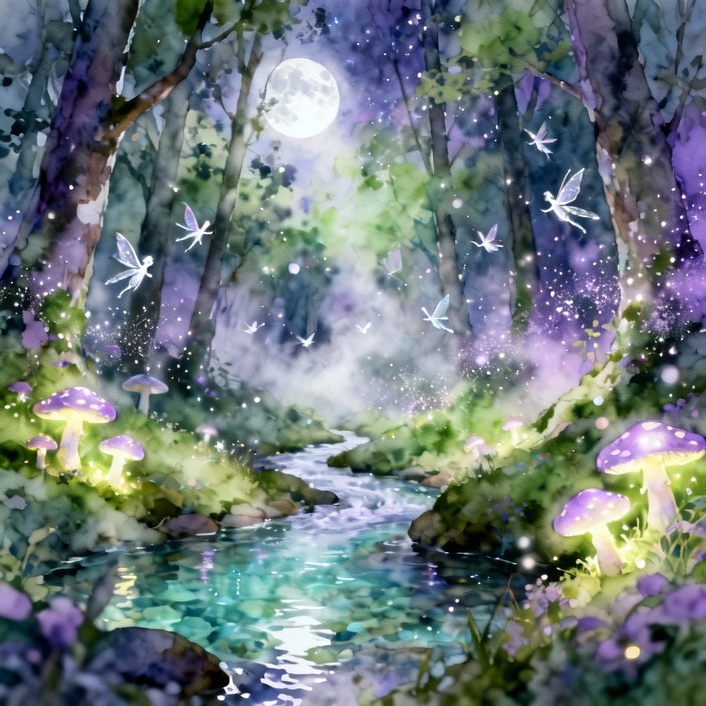 AI fairyland generator hero image of a moonlit enchanted forest with glowing mushrooms and pixies