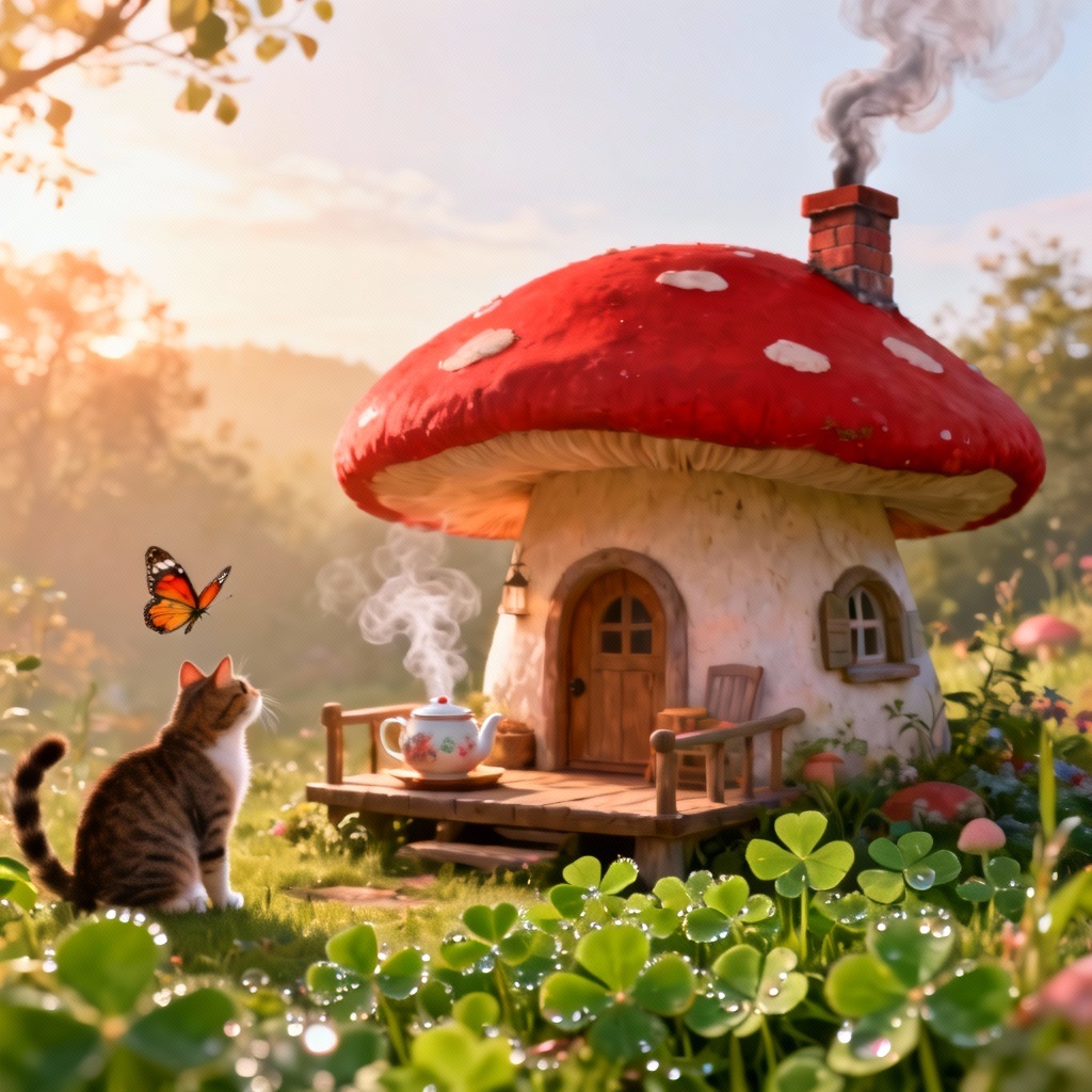 AI fairyland image of a mushroom cottage with cottagecore vibes