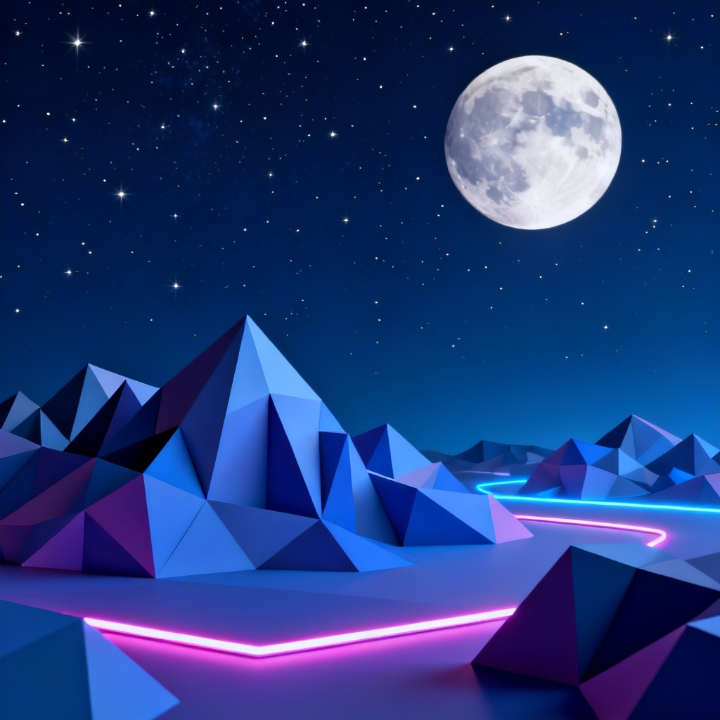AI low-poly night mountain range under starry sky