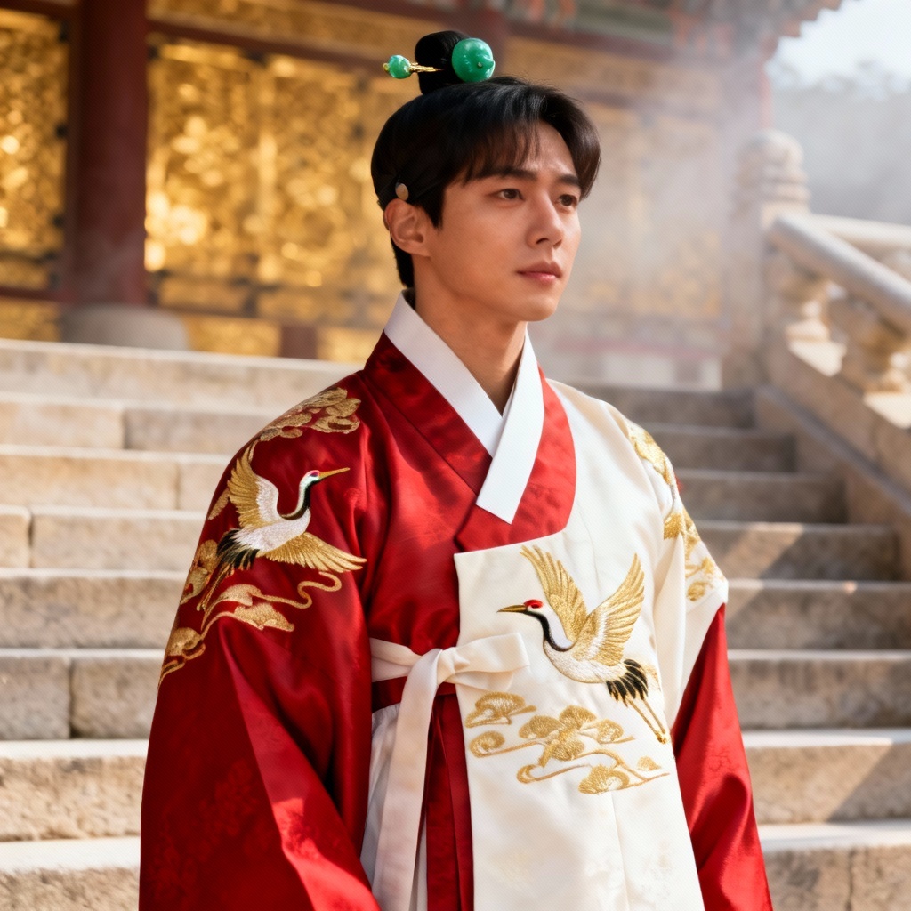 AI K-drama lead in royal court hanbok with crane embroidery