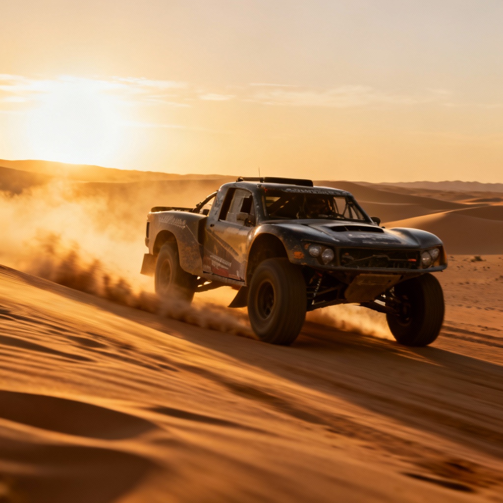 AI desert rally trophy truck racing through dunes